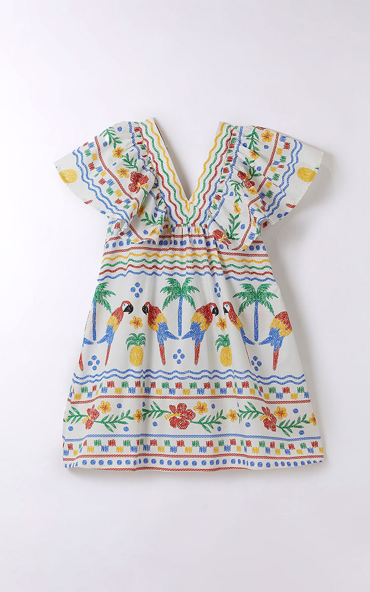 Vestido Aves tropicales blanco